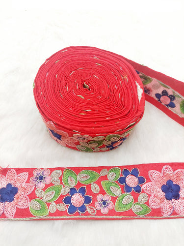 Red Silk Fabric Embroidered Trim, Floral Embroidery Indian Sari Border Trim By Yard Decorative Trim Craft Lace, Sequins Trim